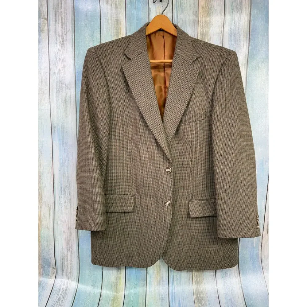 Alan Flusser Lambswool Blazer Jacket Size 42R Brown Tan Plaid Houndstooth